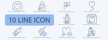 Aşk ve alışveriş seti ikonu. Kalp etiketi, hediye çantası, romantik bayrak, aşk balonu, bağış kutusu, cinsiyet bağlantısı, ilişki gelişimi, şarap, kutlama.