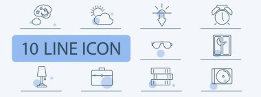 Uyku ve rahatlama seti simgesi. Rüya, hava, gün batımı, alarm, uyku maskesi, gece penceresi, lamba, çanta, kitap yığını, vinil plak.