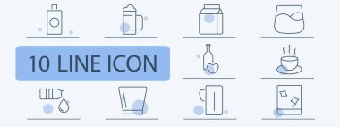 İçecek ve içecekler hazır. Şişe, bira, süt kutusu, viski bardağı, şarap, kahve fincanı, su, bardak, maden suyu..