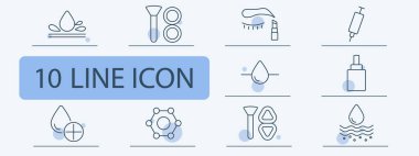 Kozmetik ve cilt bakımı ikonu. Hidrasyon, makyaj, ruj, enjeksiyon, damla, yüz serumu, moleküller, güzellik mikseri, su emme, cilt bakımı.