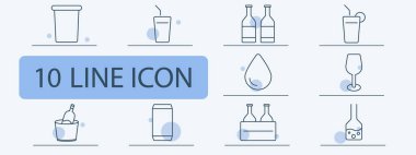 İçecek seti simgesi. Kahve fincanı, smoothie, şişe içeceği, kokteyl, hidrasyon, şarap bardağı, alkol, meşrubat, içecek, içecek, içecek..