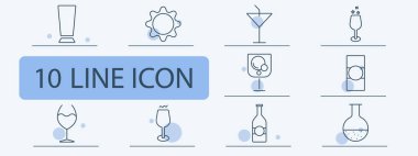 Alkol seti simgesi. Bira, kokteyl, martini, şampanya, viski, şarap, içecek köpükleri, şişe, alkollü içki, kutlama.