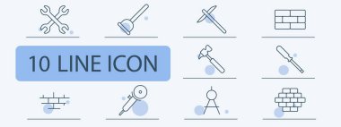 Yapılandırma simgesi. Aletler, pompa, kazma, tuğla, çekiç, tornavida, matkap, pusula, duvar inşaatı, duvar işçiliği..