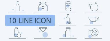 İçki seti ikonu. Şişeler, kokteyl bardağı, meyve kokteyli, bitkisel likör, su, su, içecek karışımı, organik içecek, bitkisel karışım, damıtılmış alkol..