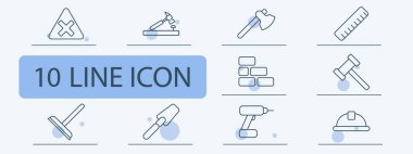 Yapı araçları simge ayarlandı. Uyarı işareti, çekiç, balta, cetvel, tuğla, tokmak, matkap, mala, miğfer, yenileme ekipmanı.