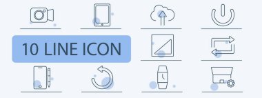 Dijital aygıtlar simgeyi ayarladı. Video kamera, tablet, bulut depolama, güç düğmesi, parlaklık, senkron fonksiyonu, mobil stil, tazeleme eylemi, akıllı seğirme, çevrimiçi alışveriş.