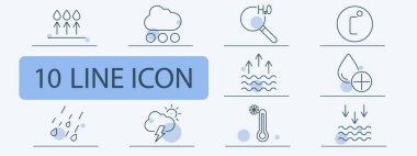 Hidroloji ikonu ayarladı. Su döngüsü, bulut hareketi, kimyasal bileşim, buharlaşma, molekül temsili, yağış, fırtına, sıcaklık değişimi, yoğunlaşma, soğuma süreci.