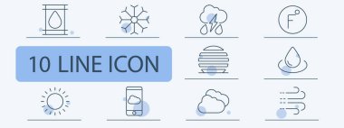 İklim belirleme simgesi. Su filtreleme, kar tanesi deseni, fırtına, Fahrenheit ölçeği, yağmur damlası etkisi, güneş ışığı, mobil hava tahmini, sis etkisi, bulutlu hava, rüzgar hareketi.