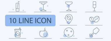 İçecek seti simgesi. Meyve suyu bardağı, kokteyl, martini, şampanya flütü, kahve yeri, kahve çekirdekleri, buzlu kahve, tropik içecek, kurabiye, kırık bardak..