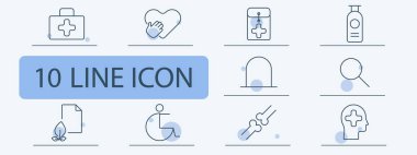 Tıbbi ve erişilebilirlik simgesi. İlk yardım çantası, kalp bakımı, tıbbi çanta, tekerlekli sandalye, kemer yolu, büyüteç, sağlık belgesi, kırık kemik, akıl sağlığı, teşhis.