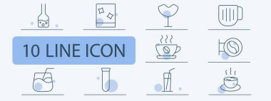 İçecekler ve içecekler belirlenmiş bir ikon. Laboratuvar şişesi, soda, kokteyl bardağı, bira bardağı, kahve fincanı, espresso makinesi, meyve suyu bardağı, test tüpü, su bardağı, sıcak çay..