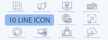 Teknoloji ve internet ikonu. Video yığını, sessiz hoparlör, siber güvenlik, klavye, küresel alarm, video oynatıcı, ayarlar, bilgisayar, kamera, bulut yükleme.