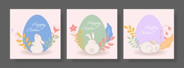 Paskalya seti. Dinlenen tavşan, mavi yumurta, çiçek süsü, altın yapraklar, yumuşak pastel renkler, mevsimlik selamlama, huzurlu bahar atmosferi, sanatsal şenlik tasarımı