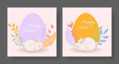 Paskalya seti. Uyuyan tavşan, altın yumurta, canlı yapraklar, yumuşak çiçekli elementler, yumuşak pastel renkler, huzurlu mevsimlik selamlama, bahar esintili dekorasyon, bayram neşesi.