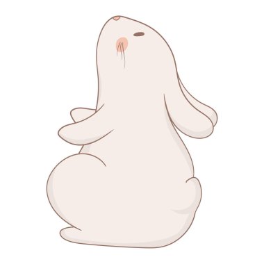 Tavşan oturma ikonu. Yumuşak tüylü ve uzun kulaklı sevimli tavşan, tuhaf bir ifadeyle dik oturuyor. Yumuşak pastel renkler nazik ve sevimli bir hayvan çizimi yaratır.