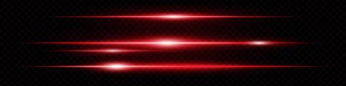 Soyut kırmızı parlak ışık çizgileri ya da koyu şeffaf arkaplanda izole edilmiş lens parlamaları. Fütürist neon ışınlar, özel efektler, dijital tasarım. EPS vektör illüstrasyonu.