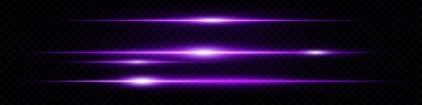 Soyut yatay mor parlak ışık çizgileri ya da koyu şeffaf arkaplanda izole edilmiş lens parlamaları. Fütürist neon ışınlar, özel efektler, dijital tasarım. EPS vektör illüstrasyonu.