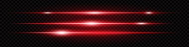 Şeffaf koyu arkaplanda parlayan parlak kırmızı yatay lens kümesi. Fütürist neon ışınları, bilim kurgu efektleri, dijital tasarım ve arayüz elementleri için idealdir. EPS vektör illüstrasyonu.