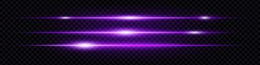 Şeffaf koyu arkaplanda parlayan parlak mor yatay lens parlamaları. Fütürist neon ışınları, bilim kurgu efektleri, dijital tasarım ve arayüz elementleri için idealdir. EPS vektör illüstrasyonu.
