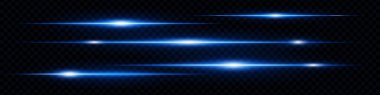 Şeffaf koyu arkaplan üzerinde izole edilmiş yatay mavi neon parlamalar kümesi. Soyut fütüristik parlak ışık demetleri, UI tasarımı, afişler, özel efektler için ideal. EPS vektör illüstrasyonu.