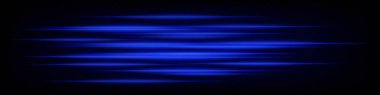 Koyu arkaplanda parlayan mavi yatay soyut neon hız çizgileri koleksiyonu. Fütüristik dinamik ışınlar, dijital tasarım, UI elementleri ve teknoloji projeleri için mükemmel. EPS vektör illüstrasyonu.