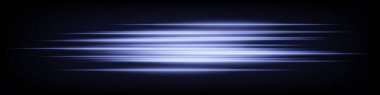 Soyut fütüristik yatay mavi neon hız çizgileri koyu arkaplanda dinamik bir şekilde parlıyordu. Dijital efektler, teknik projeler, yapay zeka tasarımı için ideal. EPS vektör illüstrasyonu.