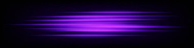 Koyu arkaplanda dinamik bir şekilde parlayan parlak yatay mor neon hız çizgileri. Fütüristik soyut ışınlar, UI tasarımı, dijital efektler ve teknoloji görselleri için idealdir. EPS vektör illüstrasyonu.