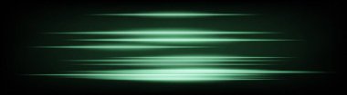 Dinamik yatay yeşil neon hız çizgileri koyu bir arkaplanda parlıyor. Soyut fütüristik ışınlar dijital tasarım, teknoloji ve UI elementleri için mükemmel. EPS vektör illüstrasyonu.