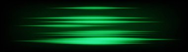 Dinamik yatay yeşil neon hız çizgileri koyu bir arkaplanda parlıyor. Soyut fütüristik ışınlar dijital tasarım, teknoloji ve UI elementleri için mükemmel. EPS vektör illüstrasyonu.