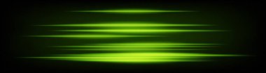 Dinamik yatay yeşil neon hız çizgileri koyu bir arkaplanda parlıyor. Soyut fütüristik ışınlar dijital tasarım, teknoloji ve UI elementleri için mükemmel. EPS vektör illüstrasyonu.