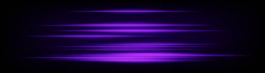 Dinamik yatay mor neon hız çizgileri koyu arkaplanda parlıyor. Teknoloji görselleri, UI tasarımı, dijital afişler için ideal kirişler. EPS vektör illüstrasyonu.