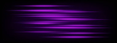 Mor yatay neon hız çizgileri koyu arkaplanda parlıyor. Fütürist soyut ışınlar UI elementleri, dijital efektler, teknolojik tasarımlar için idealdir. EPS vektör illüstrasyonu.