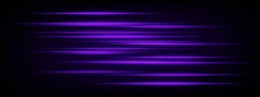Mor yatay neon hız çizgileri koyu arkaplanda parlıyor. Fütürist soyut ışınlar UI elementleri, dijital efektler, teknolojik tasarımlar için idealdir. EPS vektör illüstrasyonu.