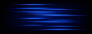 Koyu arkaplanda parlayan mavi yatay neon hız çizgileri. Fütürist soyut ışınlar UI elementleri, dijital efektler, teknolojik tasarımlar için idealdir. EPS vektör illüstrasyonu.