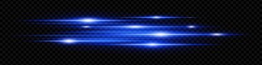 Dinamik yatay mavi neon hız çizgileri koyu bir arkaplanda parlıyor. Soyut fütüristik ışınlar dijital tasarım, teknoloji ve UI elementleri için mükemmel. EPS vektör illüstrasyonu.