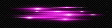 Dinamik yatay mor neon hız çizgileri koyu bir arkaplanda parlıyor. Soyut fütüristik ışınlar dijital tasarım, teknoloji ve UI elementleri için mükemmel. EPS vektör illüstrasyonu.