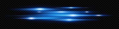 Mavi yatay neon parlamalar şeffaf arkaplanda izole edilmiş. Soyut ışıldayan ışınlar dijital efektler, fütüristik tasarımlar, UI için idealdir. EPS vektör illüstrasyonu.