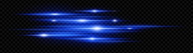 Mavi yatay neon parlamalar şeffaf arkaplanda izole edilmiş. Soyut ışıldayan ışınlar dijital efektler, fütüristik tasarımlar, UI için idealdir. EPS vektör illüstrasyonu.
