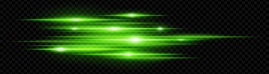 Yeşil yatay neon parlamaları şeffaf arkaplanda izole edilmiş. Soyut ışıldayan ışınlar dijital efektler, fütüristik tasarımlar, UI için idealdir. EPS vektör illüstrasyonu.
