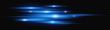 Mavi yatay lens, şeffaf arkaplanda neon parlamaları gösteriyor. Teknolojik arayüzler, afişler, dijital projeler için fütüristik soyut ışınlar ideal. EPS vektör illüstrasyonu.