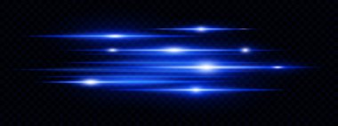 Mavi yatay lens, şeffaf arkaplanda neon parlamaları gösteriyor. Teknolojik arayüzler, afişler, dijital projeler için fütüristik soyut ışınlar ideal. EPS vektör illüstrasyonu.