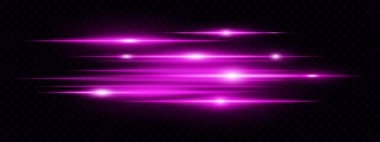 Pembe yatay lensler, şeffaf arkaplanda neon ışıkları oluşturuyor. Teknolojik arayüzler, afişler, dijital projeler için fütüristik soyut ışınlar ideal. EPS vektör illüstrasyonu.