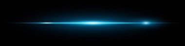 Minimalist yatay mavi lens koyu arkaplanda parlıyor. Dijital efektler, UI ve teknolojik görseller için soyut fütüristik ışın ideali. EPS vektör illüstrasyonu.