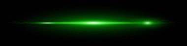 Minimalist yatay yeşil lens koyu arkaplanda parlıyor. Dijital efektler, UI ve teknolojik görseller için soyut fütüristik ışın ideali. EPS vektör illüstrasyonu.