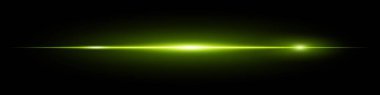 Minimalist yatay yeşil lens koyu arkaplanda parlıyor. Dijital efektler, UI ve teknolojik görseller için soyut fütüristik ışın ideali. EPS vektör illüstrasyonu.