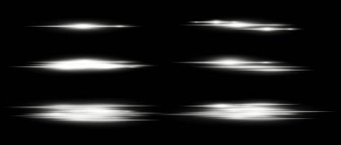 Siyah zemin üzerinde hareket bulanıklığı olan parlayan yatay ışık çizgileri. Röfleler, örtüşmeler ya da dizayndaki dinamik geçişler için mükemmel. Vektör illüstrasyonu.