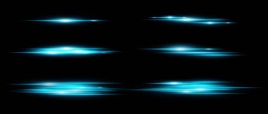 Siyah zemin üzerinde hareket bulanıklığı olan parlayan yatay ışık çizgileri. Röfleler, örtüşmeler ya da dizayndaki dinamik geçişler için mükemmel. Vektör illüstrasyonu.