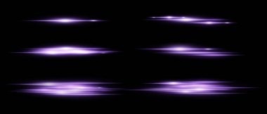 Siyah zemin üzerinde hareket bulanıklığı olan mor parlak yatay ışık çizgileri. Röfleler, örtüşmeler ya da dizayndaki dinamik geçişler için mükemmel. Vektör illüstrasyonu.