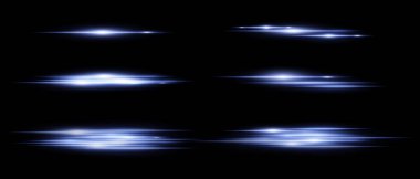 Siyah zemin üzerinde hareket bulanıklığı olan parlayan yatay ışık çizgileri. Röfleler, örtüşmeler ya da dizayndaki dinamik geçişler için mükemmel. Vektör illüstrasyonu.