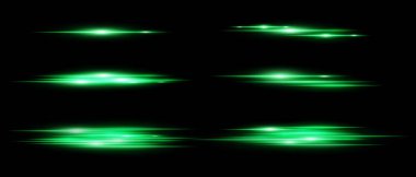 Siyah arkaplan üzerinde hareket bulanıklığı olan yeşil parlak yatay ışık çizgileri. Röfleler, örtüşmeler ya da dizayndaki dinamik geçişler için mükemmel. Vektör illüstrasyonu.